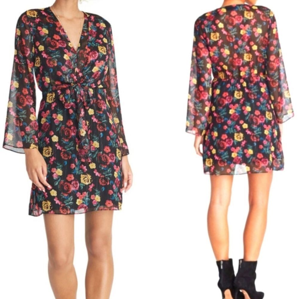 NWT Rachel Roy Emma Size Large Black Colorful Floral Draped Tie Front Mini Dress
